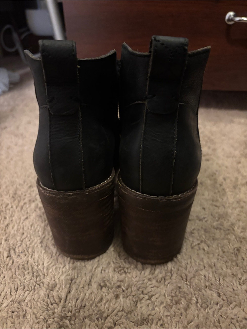 Crown Vintage Black Leather Ankle Booties with Brown Stacked Heel
